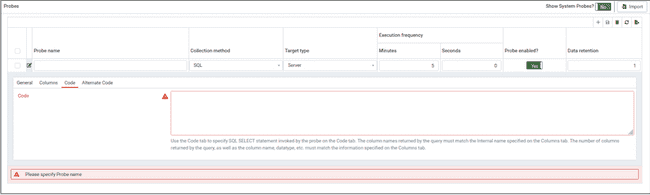 Custom Probes - Add New Probe - Code tab