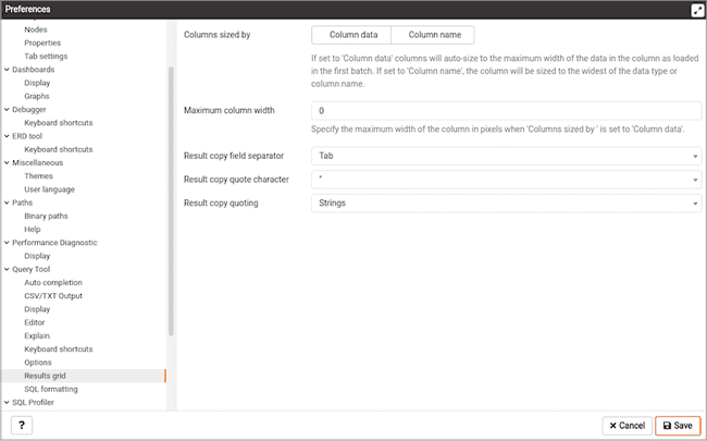 Preferences dialog - SQL Results Grid section