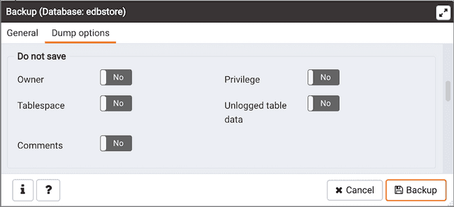 Backup dialog - Dump Options tab - Do not save options