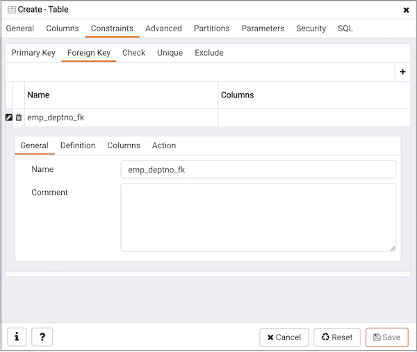 Create Table dialog - Foreign Key Constraint