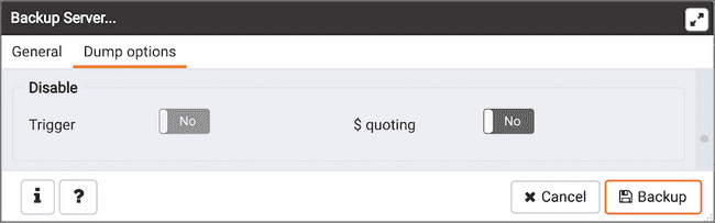 Backup Server dialog - Dump Options tab - Disable options