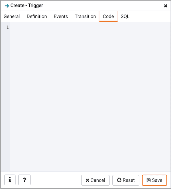 Create Trigger dialog - Code tab
