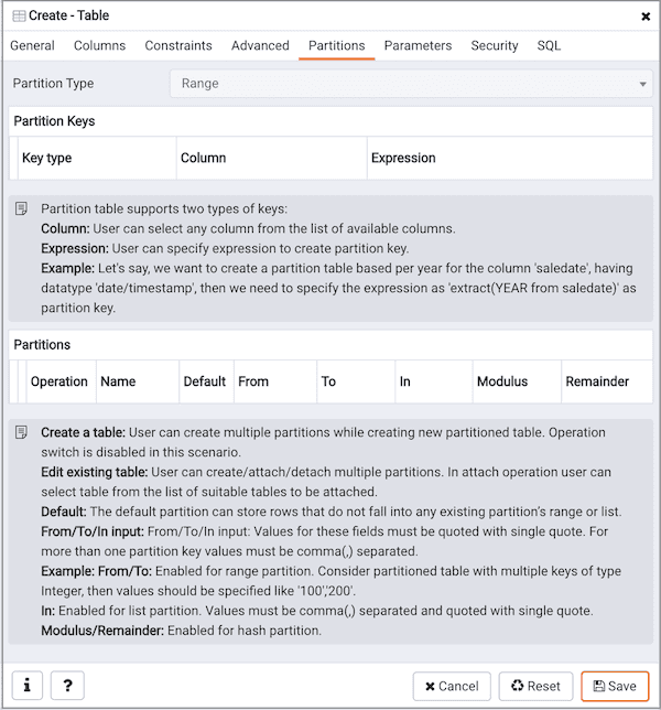 Create Table dialog - Partition tab