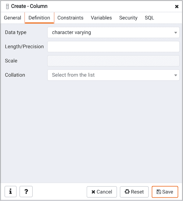 Create Column dialog - Definition tab