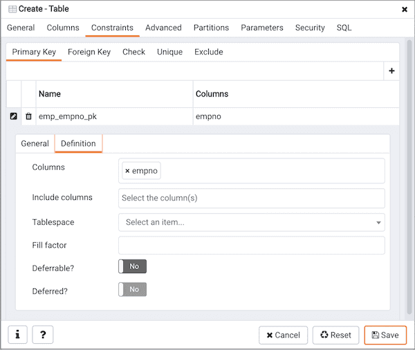 Create Table dialog - Constraints tab - Primary Key Constraint definition