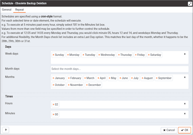 Schedule Obsolete Backup dialog - Repeat tab