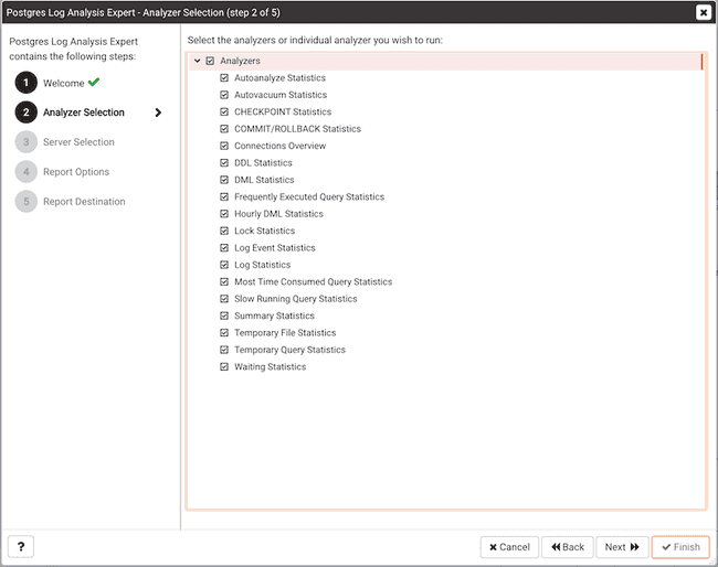 Postgres Log Analysis Expert Wizard - Select Analyzers page