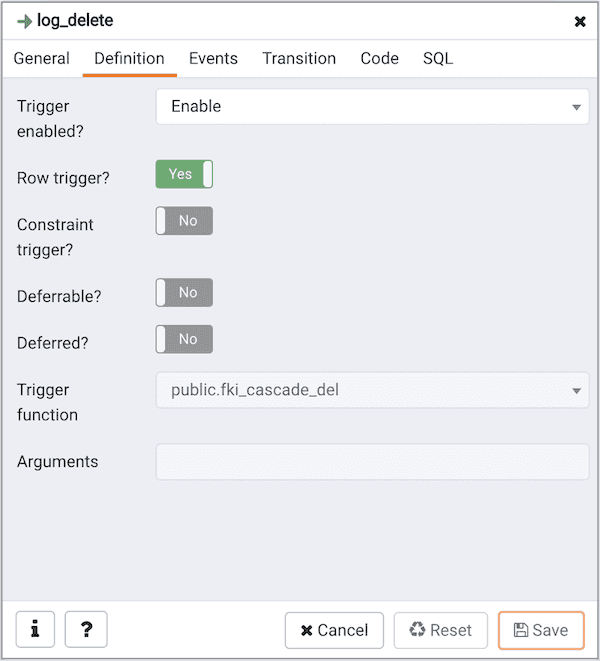 Create Trigger dialog - Definition tab - Trigger Enable option