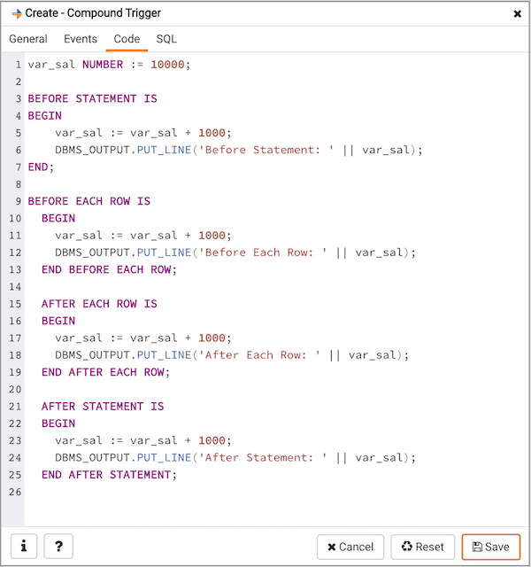 Create Compound Trigger dialog - Code tab