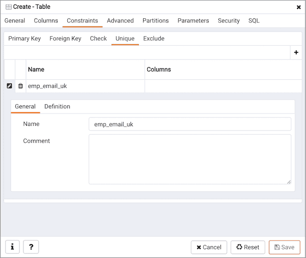 Create Table dialog - Constraints tab - Unique constraint