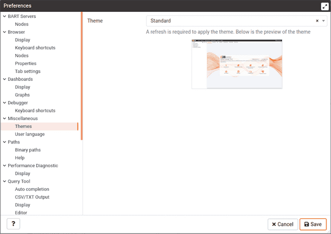 Preferences dialog - Themes section