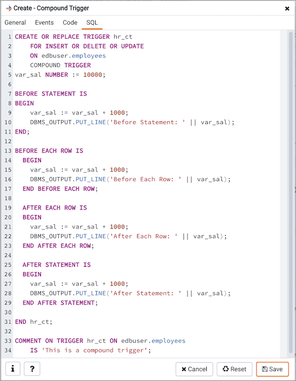 Create Compound Trigger dialog - SQL tab