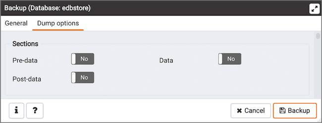 Backup dialog - Dump Options tab - Sections options