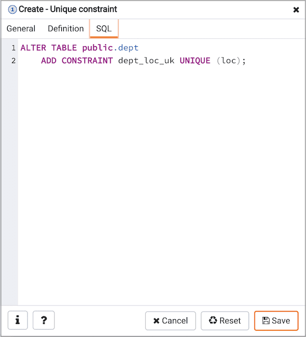 Create Unique Constraint dialog - SQL tab