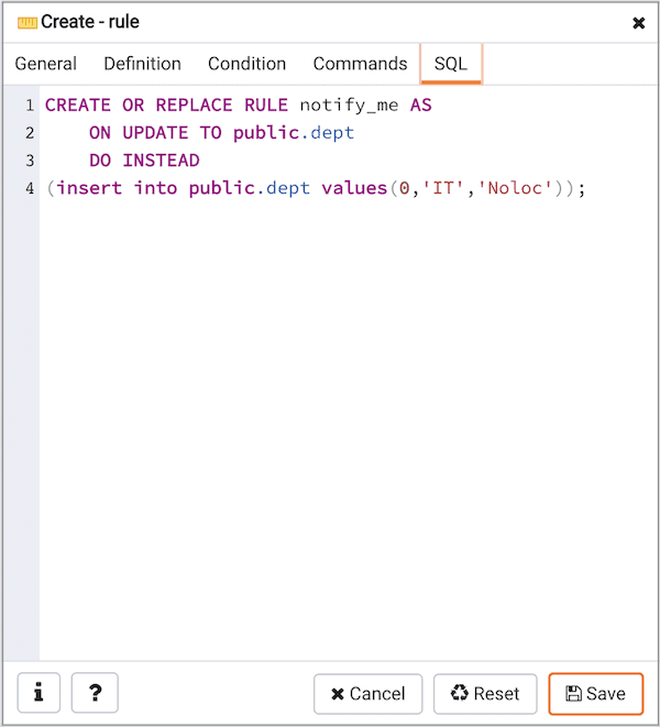 Create Rule dialog - SQL tab