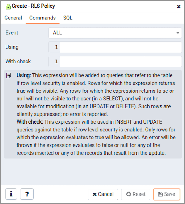 RLS Policy Commands Tab