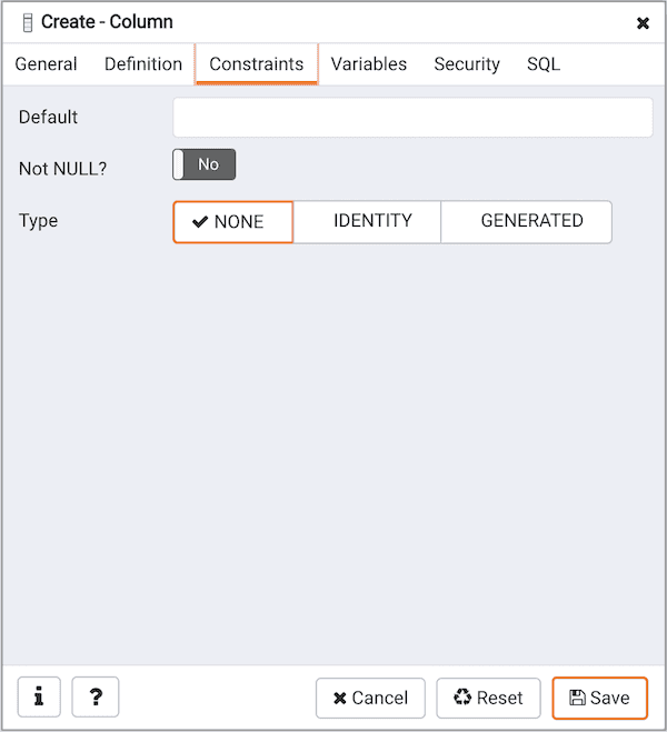 Create Column dialog - Constraints tab