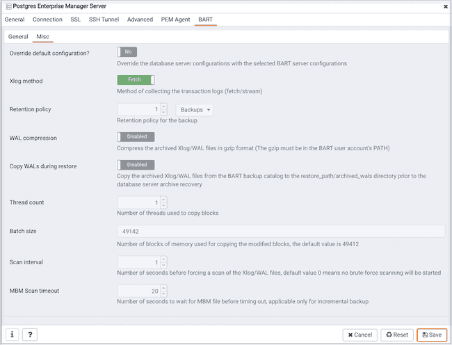 Create Server dialog (BART - Misc tab)