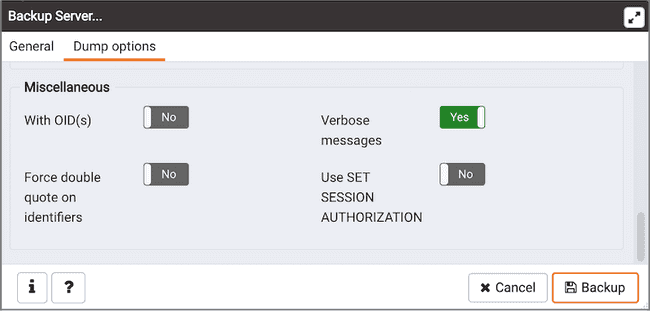 Backup Server dialog - Dump Options tab - Miscellaneous options