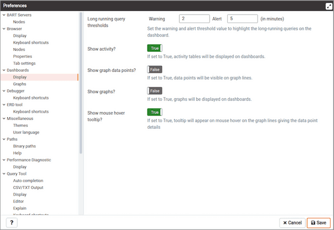 Preferences dialog - Dashboard Display options