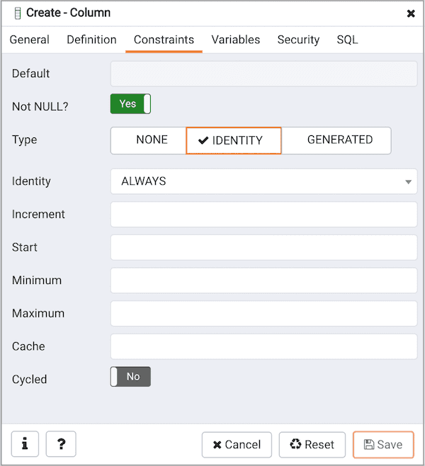 Create Column dialog - Constraints tab - Identiy section