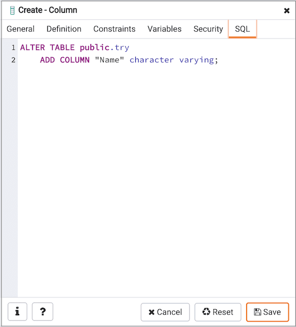 Create Column dialog - SQL tab