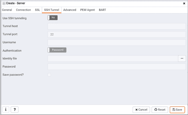 Create Server dialog - SSH Tunnel tab