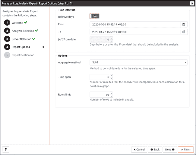 Postgres Log Analysis Expert Wizard - Report Options page