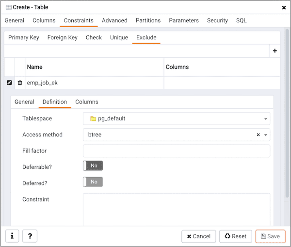 Create Table dialog - Constraints tab - Exclusion Constraint definition