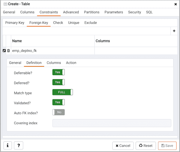 Create Table dialog - Constraints tab - Foreign Key Constraint definition