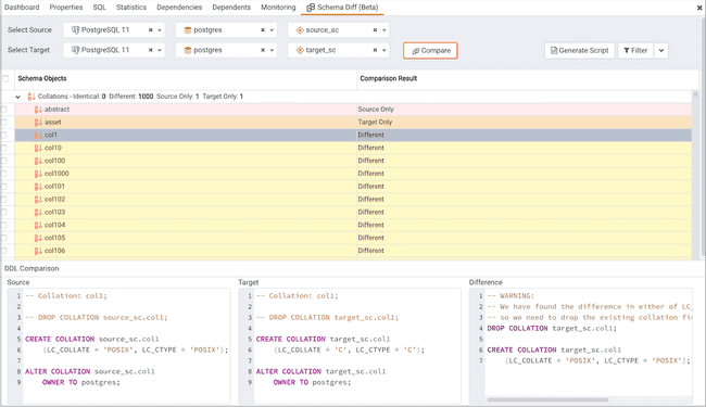 schema diff dialog