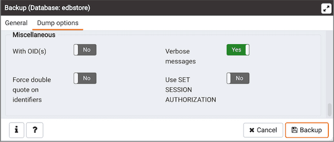 Backup dialog - Dump Options tab - Miscellaneous options