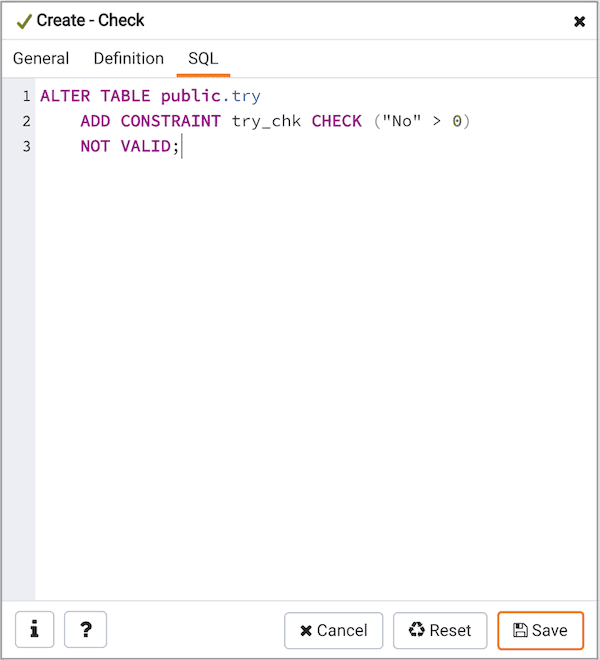 Create Check dialog - SQL tab