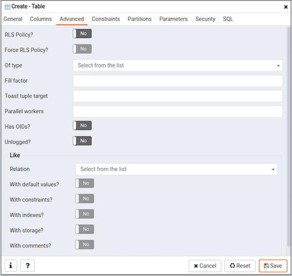 Create Table dialog - Advanced tab