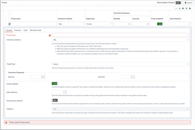 Custom Probes - Add New Probe - General tab