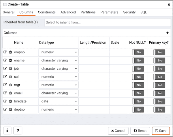 Create Table dialog - Columns tab