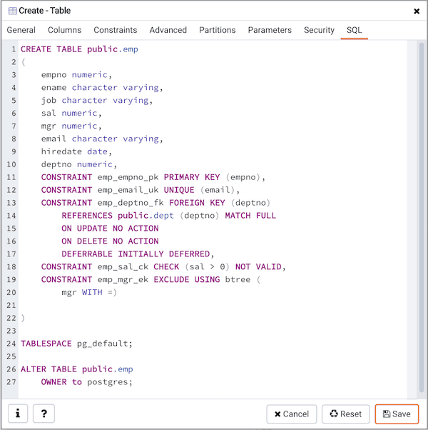 Create Table dialog - SQL tab