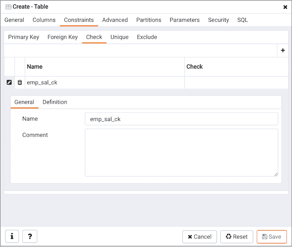 Create Table dialog - Constraints tab - Check constraint