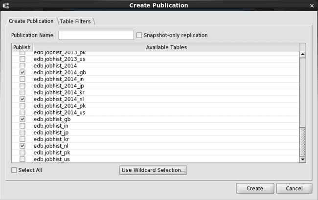 Create Publication calling dialog box with applied local list (continued)