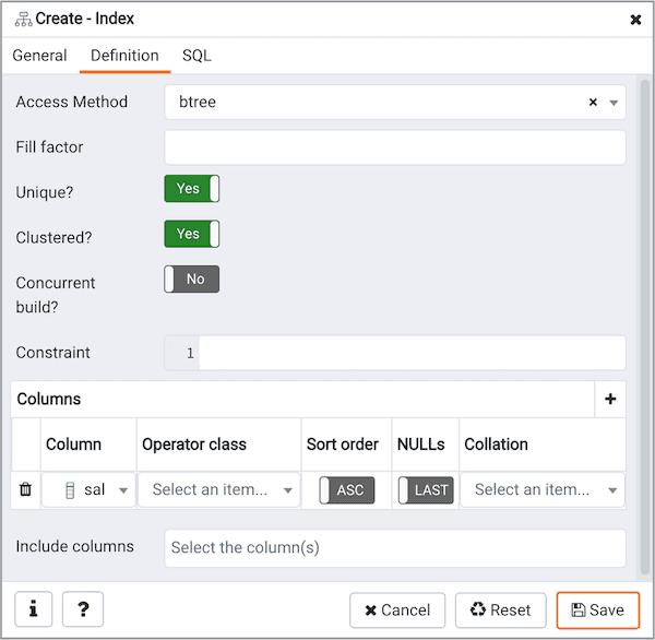 Create Index dialog - Definition tab