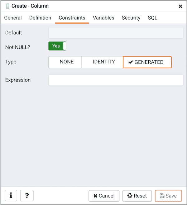 Create Column dialog - Constraints tab - Generated section