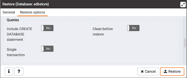 Restore dialog - Restore Options tab - Queries section