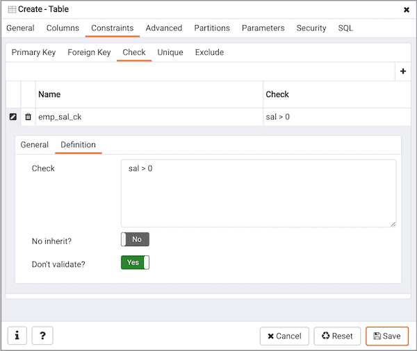 Create Table dialog - Check Constraint definition