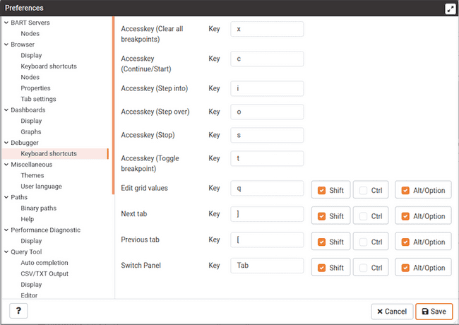 Preferences dialog - Debugger Keyboard Shortcuts section