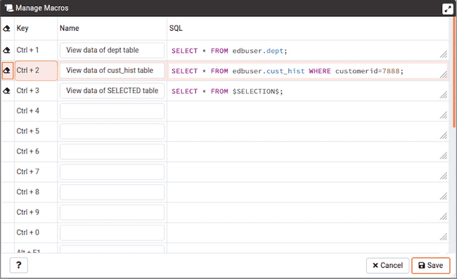 Query tool Manage Macros clear the row