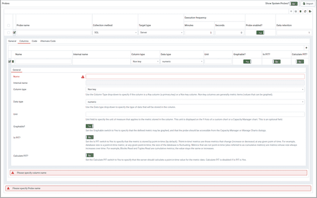 Custom Probes - Add New Probe - Columns tab