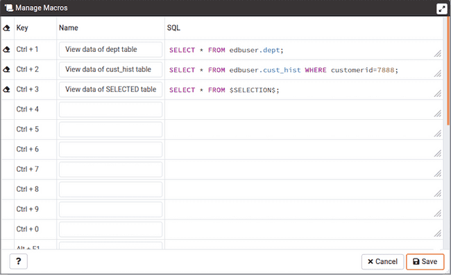 Query tool Manage Macros dialogue