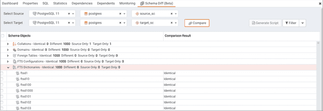 Schema diff comparison results