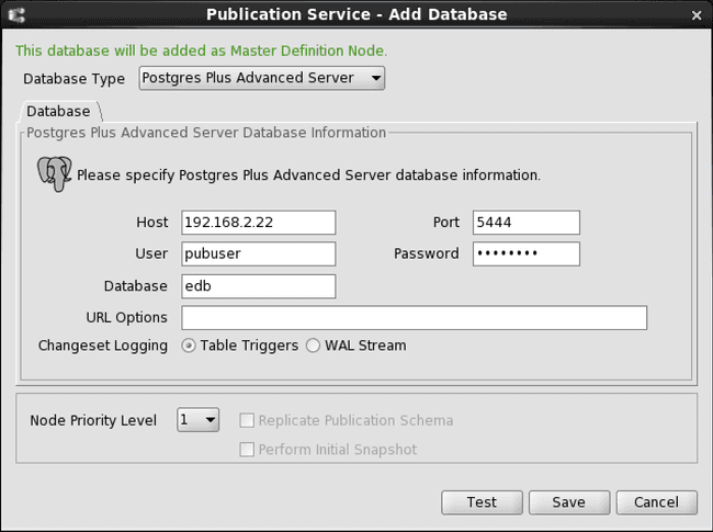 Publication Service - Add Database dialog box for the primary definition node