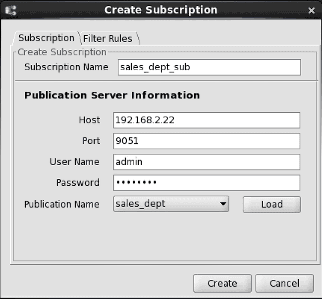 Create Subscription dialog box